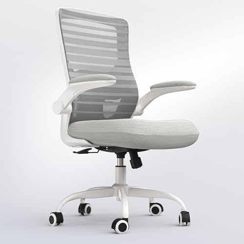 Office Desk Chair for Long Hours & Lower Back Pain Relief – 4“ Thick Molded Foam Cushion, Enhanced Lumbar Support, Padded Flip-up Armrests, Ideal for Office or Study (Light Gray) - color: Light Gray