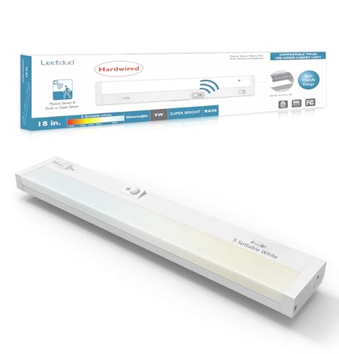 Leetdud Under Cabinet Lighting Motion Sensor Hardwired, 18 Inch 9W Dimmable, 5 CCT 2700/3000/3500/4000/5000K, Eyes Care Design Linkable Under Counter Lights for Kitchen, Sink, ETL Listed, White - color: White, size: 18 inch