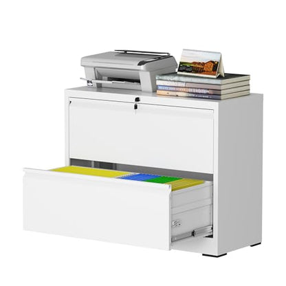 2 Drawer Lateral File Cabinet with Lock, 35.4" W File Cabinet - color: White, size: 35.4"W - 2 Drawer