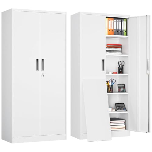 Metal Garage Storage Cabinets,71” Tall Metal File Cabinet with 5 Adjustable Shelves, Lockable Storage Cabinets for Office, Home, Garage, Warehouse 71" H x 32" W x 16" D (White) - color: White, size: 71" H&5 Shelves