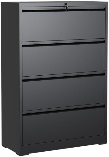 4 Drawer Lateral File Cabinet with Lock, File Cabinet for Home Office,Black | Heavy-Duty Steel Locking File Cabinet, Hanging Letter/Legal/A4 Size, Full-Extension Silent Drawer, Un-Assembly - color: Black, size: 4 Drawers