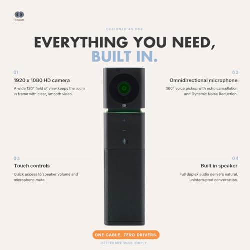 Boom UNO Full HD 1080p Conference Camera & Video Bar, 120° Wide Angle Lens, Full Duplex Speaker & Noise Reducing Mic, USB Plug & Play for Zoom, Teams & Google Meet (Black) - color: Black