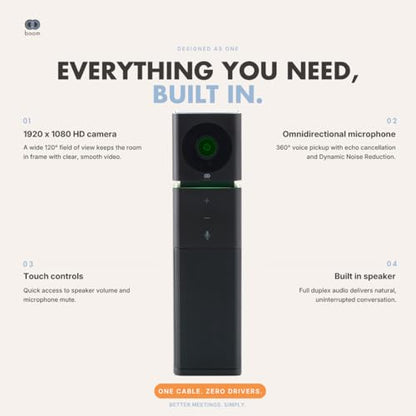 Boom UNO Full HD 1080p Conference Camera & Video Bar, 120° Wide Angle Lens, Full Duplex Speaker & Noise Reducing Mic, USB Plug & Play for Zoom, Teams & Google Meet (Black) - color: Black