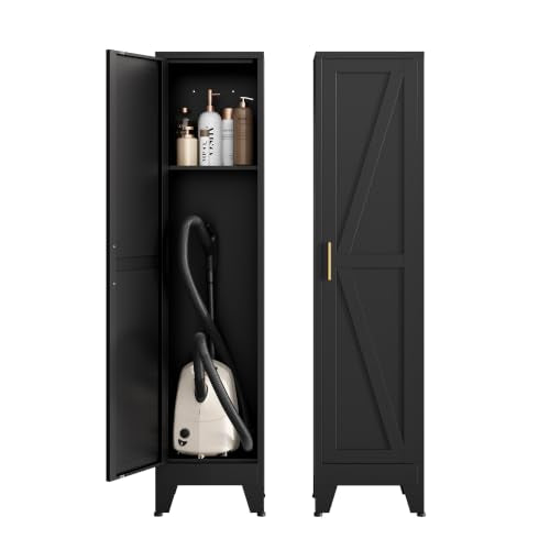 Bevivog 67" Slim Storage Cabinet, Narrow Metal Broom Closet for Laundry Room Bathroom, Tall Slim Pantry Cabinets for Small Space - color: Black, size: 67"H-1 Door