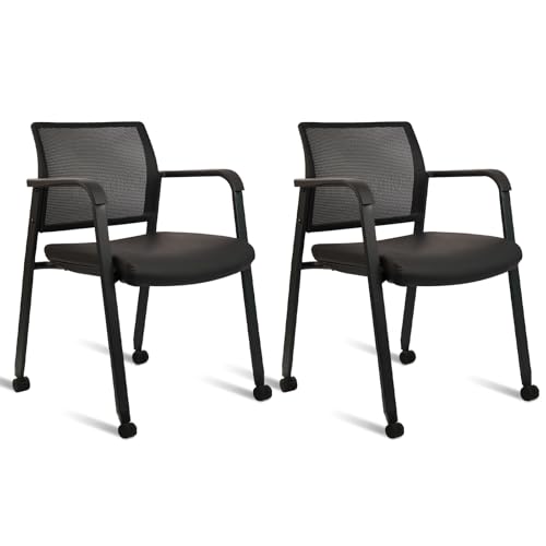 CLATINA Stacking Office Chair with Wheels, Mesh Back Waiting Room Guest Chairs with Arms Comfortable Leather Cushion Stackable Desk Chair for Conference Reception School Side Stationary, Black, 2PK - color: Withwheels Black Leather, size: 2 pack