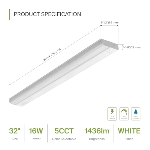 ASD LED Under Cabinet Lighting Hardwired, 32 Inch 16W 2700K-5000K Selectable, 1436LM, CRI90+, Direct Wire Linkable Under Counter Lights for Kitchen, Dimmable Under Cabinet Lights, White, UL Certified - color: 32 Inch White, size: 1 Pack