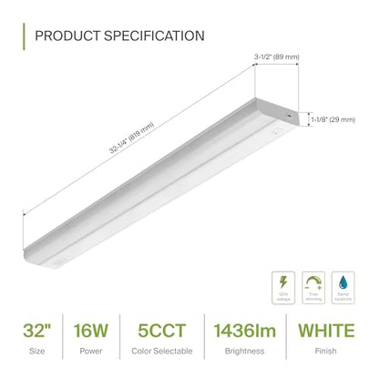 ASD LED Under Cabinet Lighting Hardwired, 32 Inch 16W 2700K-5000K Selectable, 1436LM, CRI90+, Direct Wire Linkable Under Counter Lights for Kitchen, Dimmable Under Cabinet Lights, White, UL Certified - color: 32 Inch White, size: 1 Pack