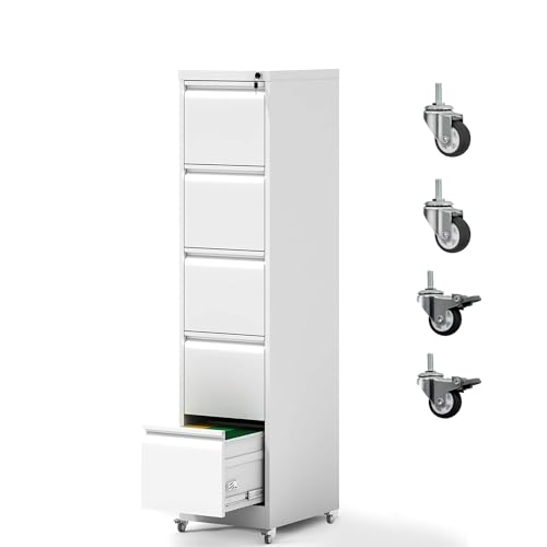 5 Drawer File Cabinet with Wheels, Metal Mobile File Cabinet with Lock, Rolling Filing Cabinet Home Office for Hanging File Folders, Letter Size, Legal Size, A4 Size, Require-Assembled, White - color: White, size: 64.10"H-5 Drawer