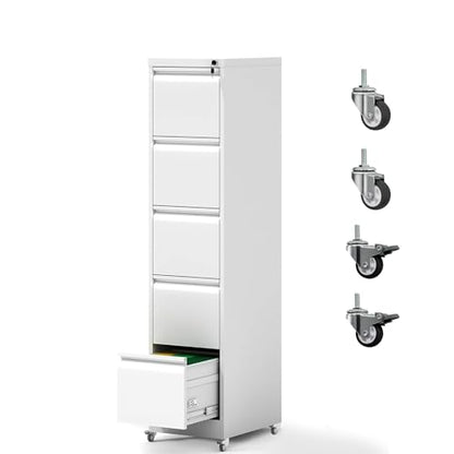 5 Drawer File Cabinet with Wheels, Metal Mobile File Cabinet with Lock, Rolling Filing Cabinet Home Office for Hanging File Folders, Letter Size, Legal Size, A4 Size, Require-Assembled, White - color: White, size: 64.10"H-5 Drawer