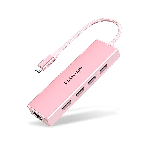 LENTION USB C Hub with Gigabit Ethernet Adapter, 4K HDMI, 3 USB 3.0 Port for MacBook Pro, New Mac Air, Surface, Chromebook, More, Stable Driver Certified (CB-C25, Rose Gold)