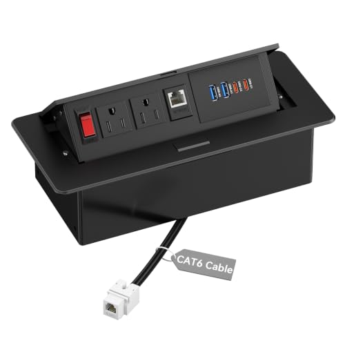 Kungfuking Conference Table Power Outlet with 30W USB C and CAT6 Port, Black | Recessed Pop up Power Strip with Switch, 4 USB Ports, 2 Outlets 6ft Cord, Metal Housing, for Home Office - color: 1PCS 6FT Black