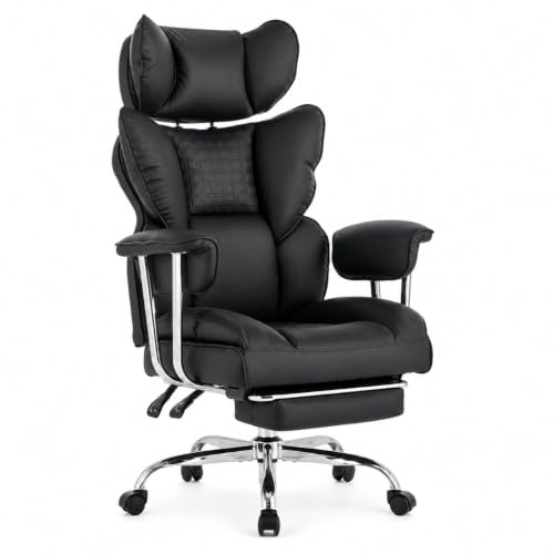 Big and Tall Office Chair, Ergonomic Executive Desk Chair with Footrest and Lumbar Support, Heavy Duty PU Leather Reclining Computer Chair with Extra Wide Seat for Home Office, Black - color: Black