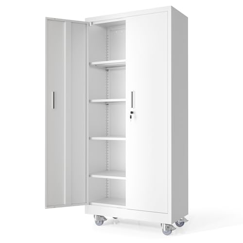 VINGLI Rolling Metal Storage Cabinet with Adjustable Shelves, 71'' Tall Garage Storage Cabinet with Wheels, Locking Tool Cabinets for Home Office Garage Gym School (White) - color: White, size: 71'' Rolling Cabinet