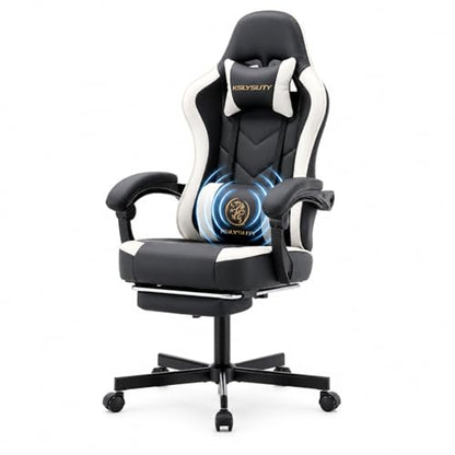 Office Desk Computer Gaming Chair for Adults, Ergonomic High Back Gamer Chair with Massage and Pocket Spring Cushion, Swivel Comfy Video Game Chairs with Footrest and Lumbar Support (Black White) - color: Base White Leather