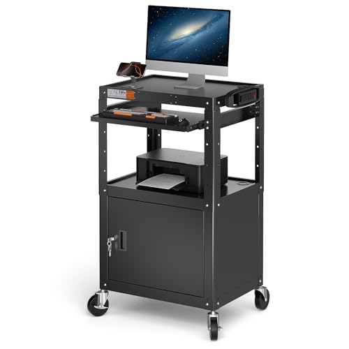 POCHAR Steel Large AV Cart with Locking Cabinet - Adjustable Height Media Carts with Wheels, Pullout Tray, Power Strip for Mobile Work Station - Rolling Computer Cart for Office Classroom Presentation - style: Locking Cabinet with Keyboard Tray (AV-G)