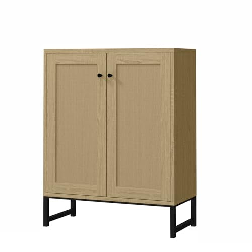 Panana Rattan Decorated 2 Doors Storage Cabinet Accent Cabinet Living Room Cupboard Kitchen Sideboard Buffet Table (Natural)