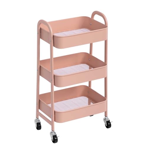 AGTEK 3 Tier Utility Rolling Cart with Lockable Wheels, Metal Multifunctional Storage, Organizer Cart for Kitchen, Office, Living Room, Makeup, Craft, Art Studio, Millennial Pink - color: Millennial Pink