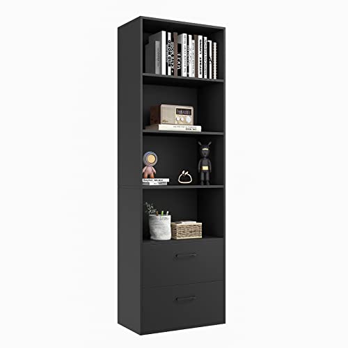 Tangkula 4 Shelf Bookcase with 2 Drawers, 74 Inch 4 Tiers Tall Open Bookshelf with 2 Slide-Out Drawers, Anti-toppling Device, Freestanding Wood Storage Shelf for Home Office (Black, 74" H) - color: Black, size: 74"H