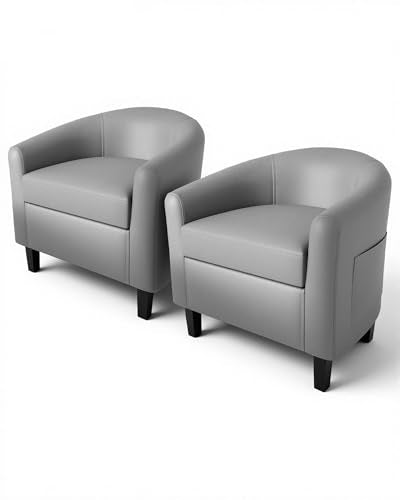 GarveeHome Accent Chairs Set of 2 Faux Leather Chairs Barrel Club Chairs Comfy Living Room Chairs with Sturdy Legs for Bedroom Reading Room Waiting Room(Gray) - color: Grey, size: Set of 2
