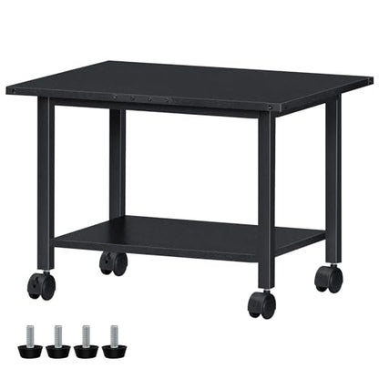 Lerliuo Under Desk Printer Stand, 2-Tier Industrial Mobile Printer Table with Storage Shelf and Steel Frame, Rolling Printer Cart Holder with Lockable Wheels for Home, Office (Black) | Black Small Mobile Printer Cart Desk for Home Office, Lockable Wheels,