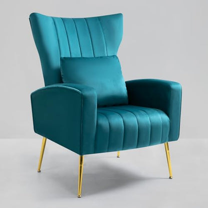 Velvet Accent Chairs Set of 2, Modern Arm Chair with Wingback & Gold Metal Legs for Living Room, Bedroom, Waiting Room, Lumbar Pillow Included, Dark Teal - color: Teal, size: 2PCS with Channel Tufted