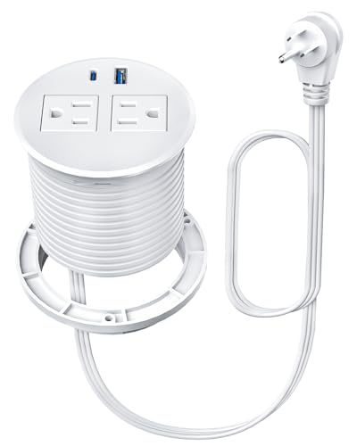 Desktop Power Grommet with 20W USB C Fast Charging, 3 inch Flush-Mount Recessed Power Strip for Desk,Office Tables,Furniture, Recessed Outlet 6FT Cord, 45° Thin Flat Plug, 2 USB Ports, White - color: White