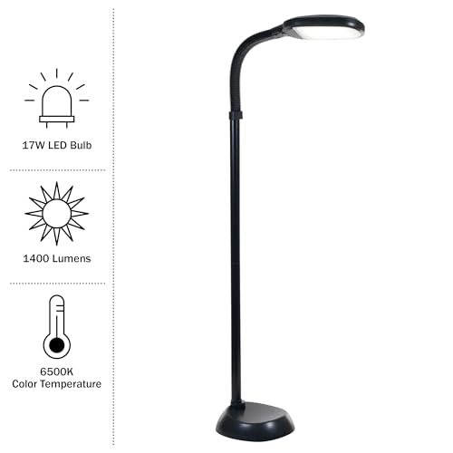 Lavish Home Adjustable LED Floor Lamp with Bendable Neck - Full Spectrum Natural Sunlight LED Lamp for Bedroom and Living Room - Reading, Craft, and Esthetician Light (Black)