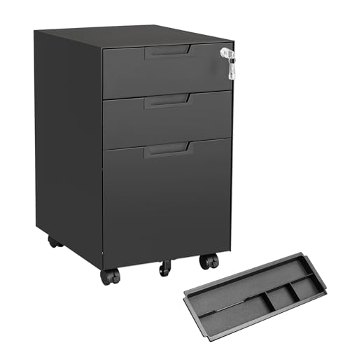 MIIIKO 3 Drawer Filing Cabinet with Lock, Metal Black Vertical File Cabinets for Home Office, Full Assembled File Cabinets Under Desk, Letter/Legal/A4 File Folders Storage - color: Black, size: 3 Drawer-14.6"W -Mobile