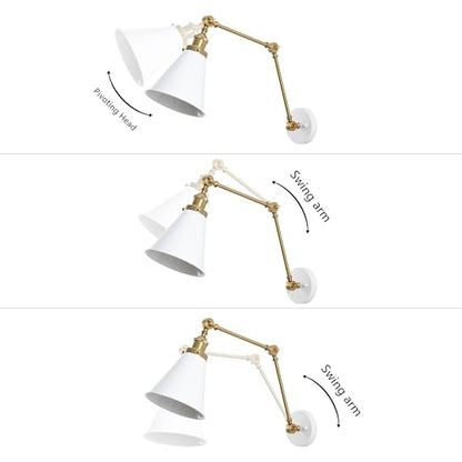 JONATHAN Y Rover 1-Light Wall Sconce 7", White/Brass Gold | Adjustable Arm, Hardwired Bedside Reading Swing Arm, Farmhouse Cone Shade, Metal Hardwired Indoor Fixture, LED Bulbs Included - color: White/Brass Gold, size: Set of 1