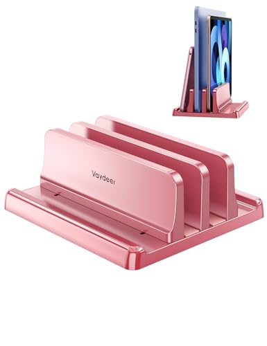 Vaydeer Vertical Laptop Stand for Desk, Dual Slots Plastic Laptop Holder with Space Saving 4-in-1 Design, Adjustable Laptop Stand Supports MacBook, Chromebook, Surface, Dell (Pink Rose) - color: Pink Rose