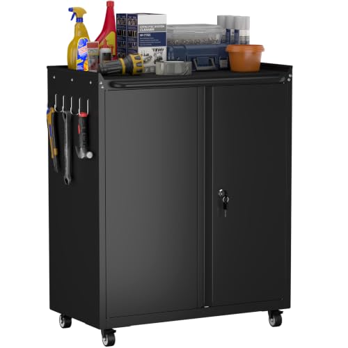 GREATMEET Garage Storage Cabinet with Wheels, Lockable Metal Storage Cabinet, Rolling Tool Cabinet with Adjustable Shelf, Push Handle for Shop, Home, Office, Black - color: Black, size: 32"H Wheels