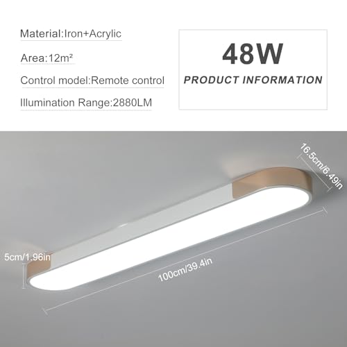 Qcyuui Modern LED Ceiling Light,39.4 Inch Dimmable LED Flush Mount Ceiling Lights,White and Gold Long Ceiling Light Fixture for Office Bedroom Kitchen Hallway (48W/3000-6500K) - color: White and Gold/Dimm/48W/39.4IN/3000-6500K, size: 39.4in