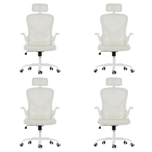 Farini Ergonomic Office Chairs with Headrest, Set of 4, White & Beige | High Back Swivel Computer Chair, Adjustable Armrests and Lumbar Support,Desk Chair for Home Office Bedroom - color: White Beige, size: Set of 4