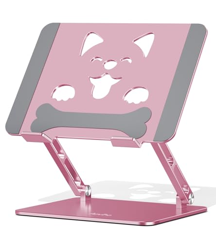 Aoviho Aluminum Laptop Stand for Desk Fit for All 10"-17.3" Laptops, Pink | Height-adjustable Notebook Holder, Ergonomic Computer Riser with Unique Puppy Cooling Vent, for Mac, Dell, Lenovo, HP - color: Rose Gold