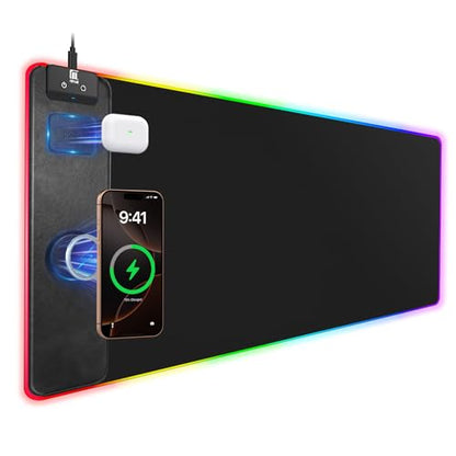 Mouse Pad with Magnetic Wireless Charging, Large Desk Pad Protector, RGB Black Desk Mat with 15W Fast Charger, Non-Slip Waterproof Mousepad for Office Home Gaming - color: Black Magnetic Charging 31.5x15.75"