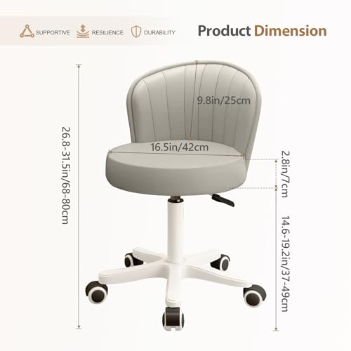 Small Round Rolling Desk Chair Armless Comfy Vanity Computer Chair with Low Backrest PU Leather Height Adjustable Swivel Work Spa Chair - color: Grey, style: Set of 2 with backrest