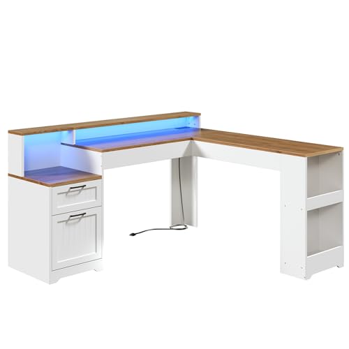 Farmhouse 63" L Shaped Standing Desk, Corner Computer Desk with Drawers, Office Desk with File Drawers with RGB Lighting & Charging Station, Monitor Stand and Storage Shelves, White and Walnut