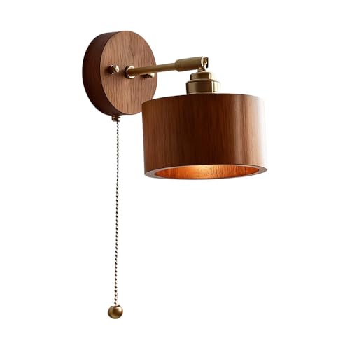 Wood Wall Sconce with Pull Chain Adjustable Swing Arm Natural Or Walnut Wood Cylinder Shade Brass Accent Wall Lamp for Bedroom Living Room Hallway Reading Nook(Wood) - color: Wood