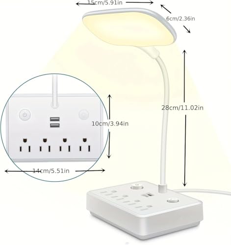 LED Desk Lamp, Power Outlet with Dimming Night Light Desk Light,Table Lamps 3 Lighting Modes Desktop Charging Extension Lead 4 AC Power Outlet and 2 USB Charging Ports for Travel Home Office