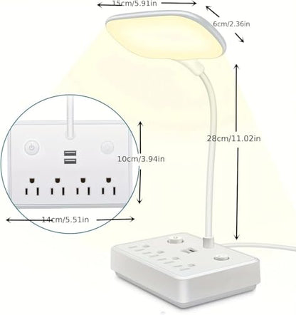 LED Desk Lamp, Power Outlet with Dimming Night Light Desk Light,Table Lamps 3 Lighting Modes Desktop Charging Extension Lead 4 AC Power Outlet and 2 USB Charging Ports for Travel Home Office
