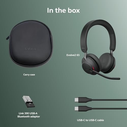 Jabra Evolve2 65 Bluetooth Wireless Headset with Mic for Calls and Music, Dual-Ear Headphones with USB-A Adapter, Up to 37 Hours Battery, Noise-Cancelling, Works with Microsoft Teams, Black (189) - size: USB-A Dongle, style: Teams Certified