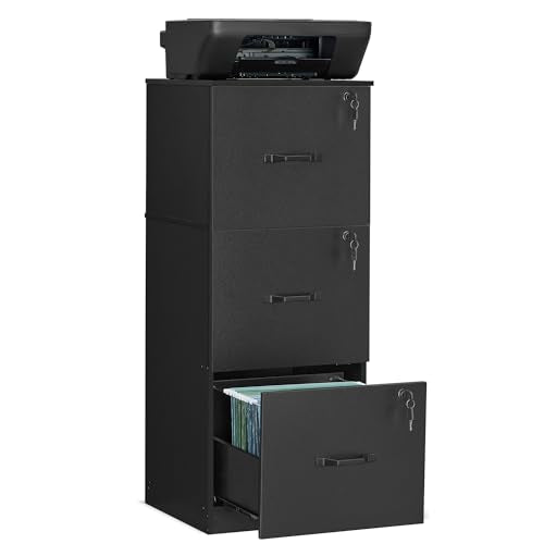 VASAGLE 3 Drawer File Cabinet with Locks, for A4, Letter Sized Documents - color: Ink Black, size: 3 Drawers