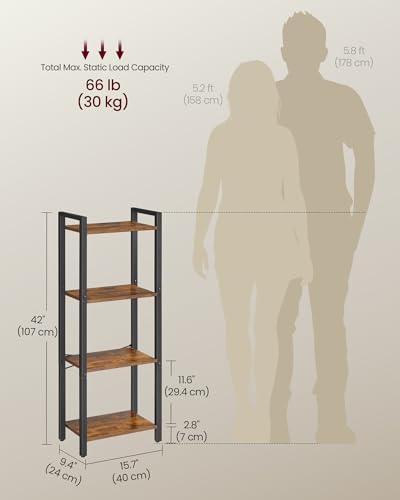 VASAGLE 4-Tier Bookshelf, Bookcase Book Shelf with Steel Frame - color: Rustic Brown + Ink Black, size: 4 Tiers (9.4"D x 15.7"W x 42"H)