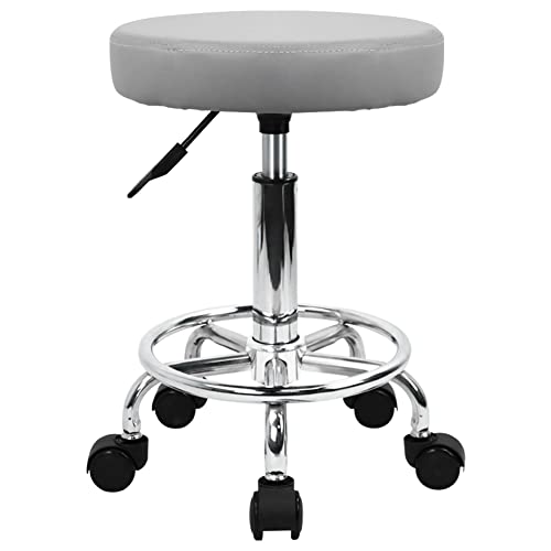 KKTONER PU Leather Round Rolling Stool with Foot Rest Swivel Height Adjustment Spa Drafting Salon Tattoo Work Office Massage Stools Task Chair (Grey) - color: Grey