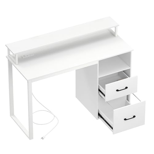 Tangkula Home Office Computer Desk w/Power Outlets | Modern Writing Desk w/Storage Drawers & Shelves, PC Laptop Desk w/Monitor Stand, School Study Work Table for Small Spaces