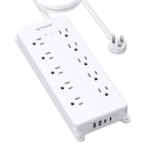 TROND Power Strip Surge Protector 10ft, 4000J, ETL Listed - color: White, size: 10FT (Flat Plug)