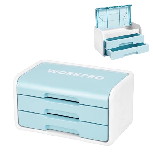WORKPRO Small Storage Box with 2 Drawers and Flip-Top Lid | ABS Storage Case, PP Feet Pads, Arts and Crafts, Beads, Sewing Supplies, DIY Material Organization - color: Blue and White