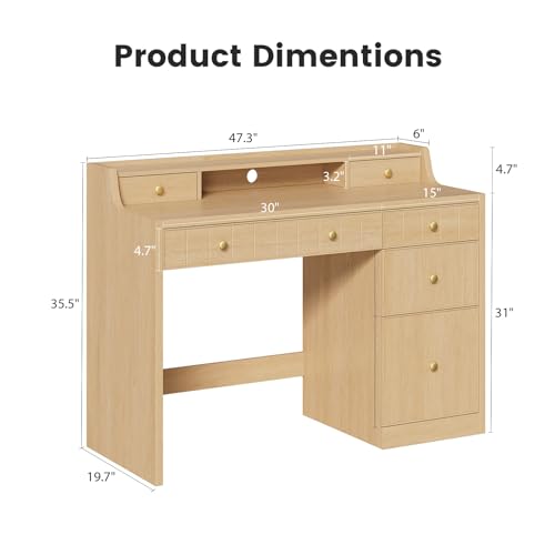 Office Desk with Drawers, 47" Wide Small Desk with File Drawer, Study Table Wood Writing Desk with Long Monitor Stand for Bedroom,Home Office