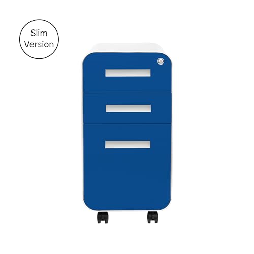 Laura Davidson Furniture Stockpile Slim 3-Drawer Mobile File Cabinet with Lock - Under Desk Metal Filing Cabinet, Legal/Letter File Folders, Wheels and Stationary Feet, Pre-Assembled, Blue Faceplate - color: Blue Faceplate