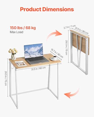 VEVOR Folding Desk, 31.5" Foldable Table for Small Spaces with Storage Hooks, Space Saving Computer Table, Writing Workstation for Home Office, Easy Assembly, Oak